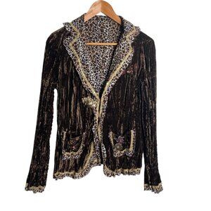 Hugging Kisses Women's Jacket Brown Sz L Crushed Velvet Animal Print Embellished